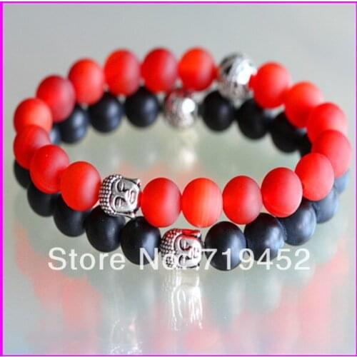 10pcs Black and Red Matte Mens Beaded Bracelet with silver Buddha Head Mala unisex Bracelet, Mala Yoga stretch Bracelet
