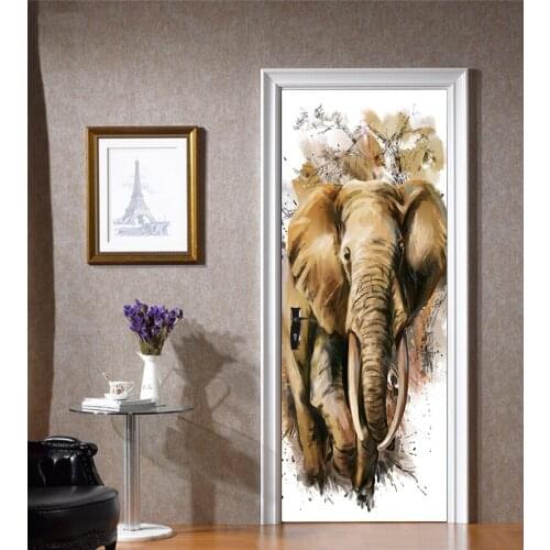 2pcs/set Beautifu Animal Elepahant Door Stickers Painting Wallpaper Poster Wall Sticker Bedroom Living Room Home Decoration