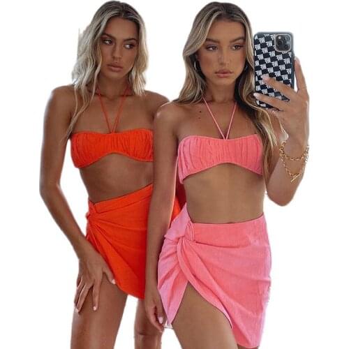 2021 Summer Pleated Bodysuit Set Women Two Piece Halter Wrap Cropped Split Camis Skirt Suits Sets Woman Pink Orange Black