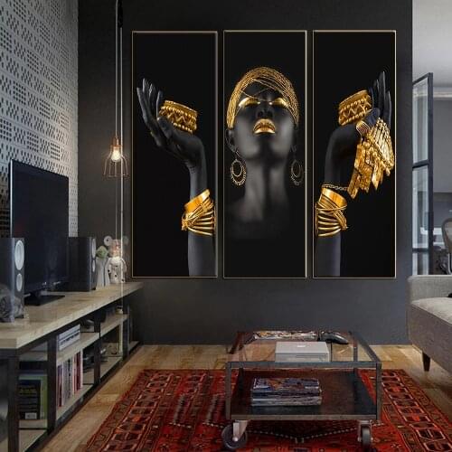 African Women Canvas Printings Black Woman With Gold And Silver Jewelry Wall Art Painting Hands Mural Poster Print Home Decor