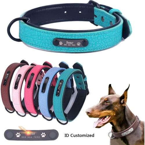 Large Durable Personalized Dog Collar PU Leather Padded Pet ID Collars Customized for Small Medium Large Dogs Cat 5 Size