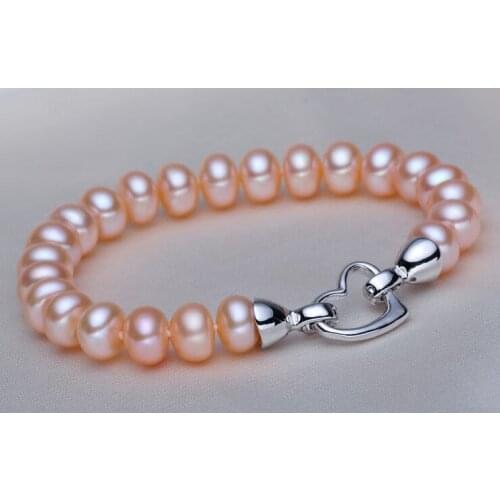 7'' 18cm 9-10mm Real Natural Pearl Pink Freshwater Pearl Bracelet Heart Love Clasp Wedding Woman Jewelry