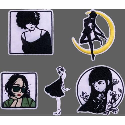 Black and white embroidery fashion girl clothing accessories accessories patch ironing cloth stickers on girls hat T-shirts