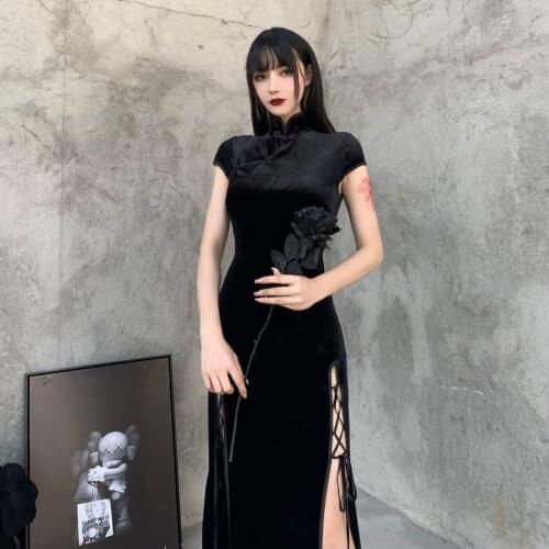 Black Goth Women Dark Cheongsam 2021 Summer Lady High Split Sexy Stand Neck Slim Drawstring Velvet Dress Hipster Party Dresses