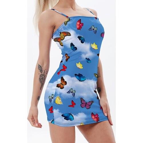 Color butterfly Printed Women Sleeveless Midi Blue Dress Bodycon Sexy Streetwear Party Club Elegant 2021 Spring Summer