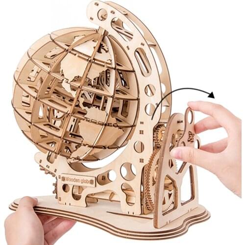 Wooden Globe Puzzle 3D DIY Mechanical Drive Model Transmission Gear Rotate Assembling Puzzles Home Office Decoration Toys KIDS