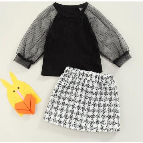 FOCUSNORM 1-6Y Lovely Kids Girls 2pcs Autumn Clothes Sets Long Mesh Sleeve Knit Sweater Tops Plaid Printed A-Line Skirts