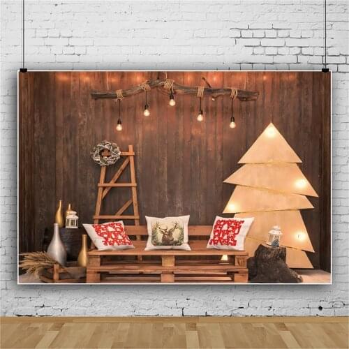 Photo Backdrops For Photo Winter Merry Christmas Tree Wooden Wall Floor Ladder Party Room Interior Photo Background Photo Studio
