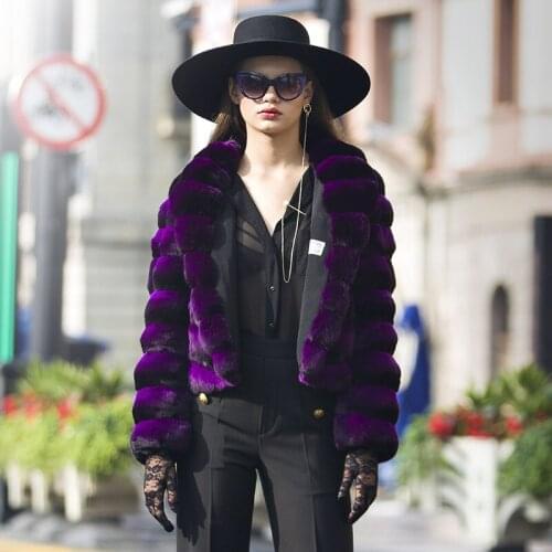FURSARCAR 2020 New Natural Rex Rabbit Fur Jacket With Collar Winter Women Chinchilla Short Coat Fashion Violet Color Fur Outwear