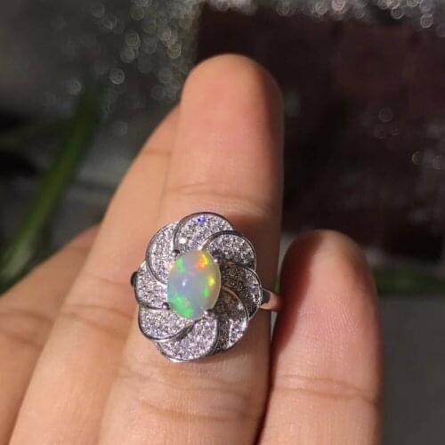 Almei Natural Fire Opal Ring for Women, 925 Sterling Silver Wedding Jewelry, 7*9mm Gemstone with Velvet Box Certificate FJ231