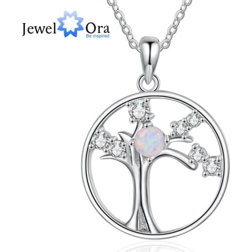 JewelOra Tree of Life Round Pendant Necklace with Simulated Opal Stone & Cubic Zirconia Wholesale Women Jewelry Accessories