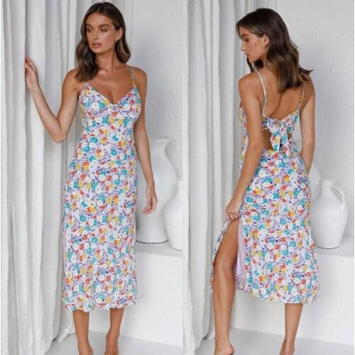 Summer Dress Women Flower Print Spaghetti Strap Sundress V-Neck Sleeveless Dresses Sexy Beach Midi Dress For Woman Vestidos Robe
