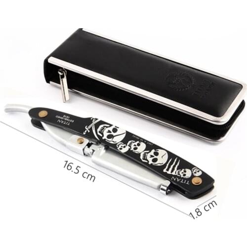 Straight Razor bright silver Polish Mens Straight Shaving Razor Replaceable Blade Razor Skull Head Printing With 5 Blades 1Case