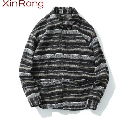 Mens hip-hop button shirt geometric striped long-sleeved shirt 2021 Korean streetwear fashionable fashion casual male shirt top