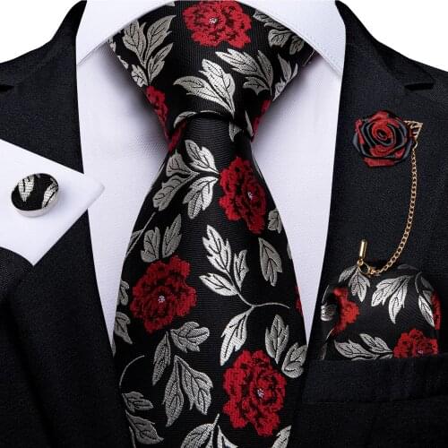 Black Red Floral Neck Tie Set 100% Silk 8cm Width Mens Ties Pocket Square Cufflinks With Brooch Pin Wedding Tie Gfit For Men