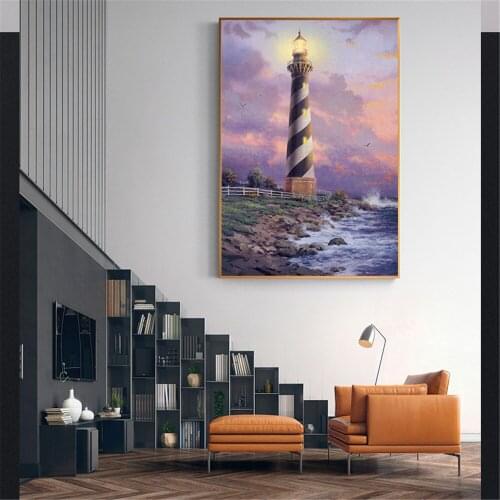 Seaside Lighthouse Landscape Wave Painting Canvas Pictures for Living Room Wall Home Decor Stone Islande Cuadros Decoracion