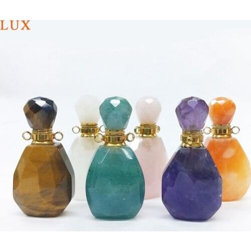 Natural Gems stone perfume Bottle Pendant Gold color plated diffuser amethysts rose Crystal Quartz essential oils for Necklace