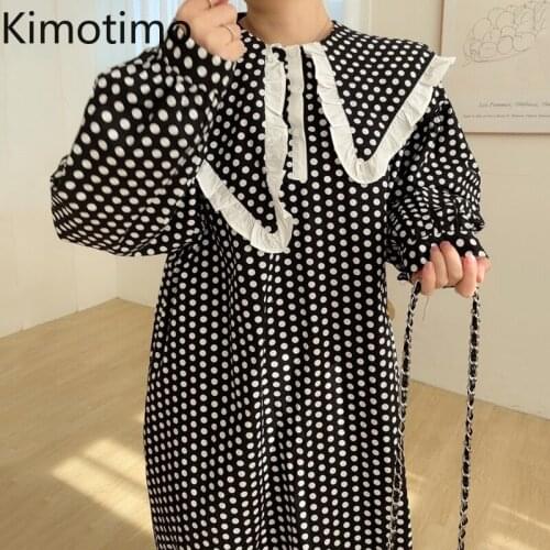Kimotimo Polka Dot Loose Dresses Women Korean Autumn Age Reduction Turn-down Collar Fungus Patchwork Lantern Sleeve Long Dress