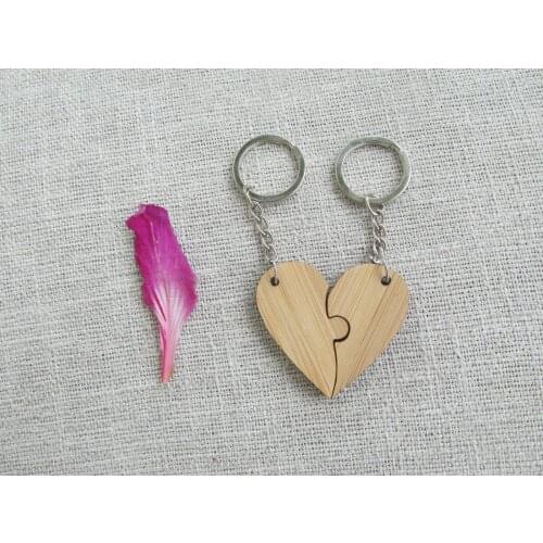 Blank Wooden Heart Keychain Couple Love Puzzle Wood Key Ring Key Pendant Jewelry For Engraved