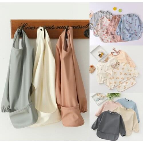 XXFE Cartoon Printed Waterproof Bib with Pocket Baby Long Sleeve Feeding Apron Smock