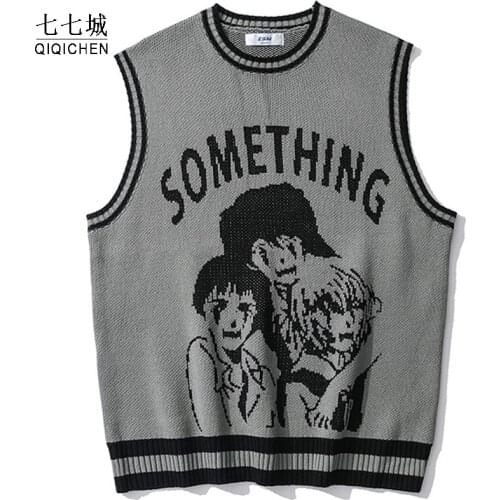 Knitted Vest Sweaters Streetwear Hip Hop Casual Cartoons Anime Print O-neck Sleeveless Knitwear Sweater Coat Men Tops 2021