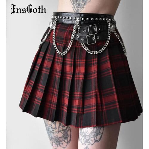 InsGoth Punk Belt Patchwork Red Plaid Skirt Goth Vintage Sexy JK A Line Hight Wait Pleated Mini Skirts Harajuku Grunge Y2K Skirt