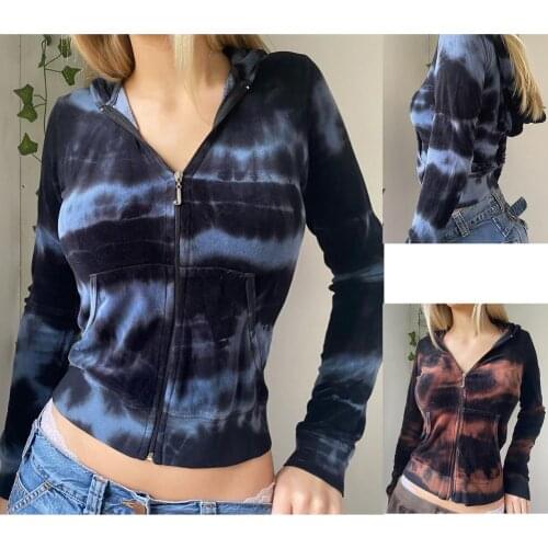 2021 Ladies Tie-Dye Gradient Cardigan Sweater Slim Hooded Tops Fall/Winter Jacket