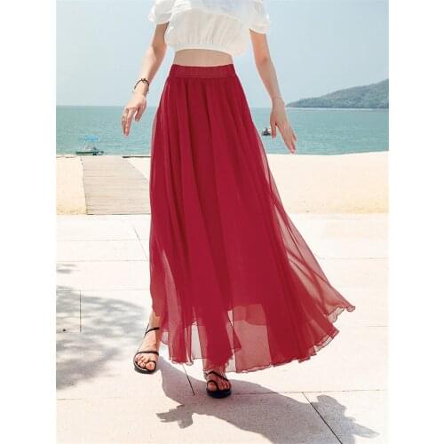 Beach Skirt 2021 Female Summer A-Line High Waist Chiffon Skirt Thin Pure Color Elegant Large Swing Saias Longas Boho zh1024