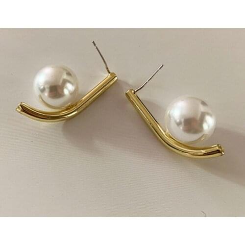 Korean Gold Color Tube Strip with Big Pearl Stud Earrings for Women Kpop Earrings Wedding Party Fashion Aesthetic Jewelry
