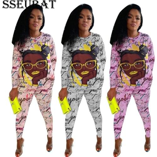 SSEURAT Cartoon Printing Women Two Piece Set Long Sleeve T-shirt Pencil Sweatpants Jogger Suit Tracksuit Matching Set Outfit