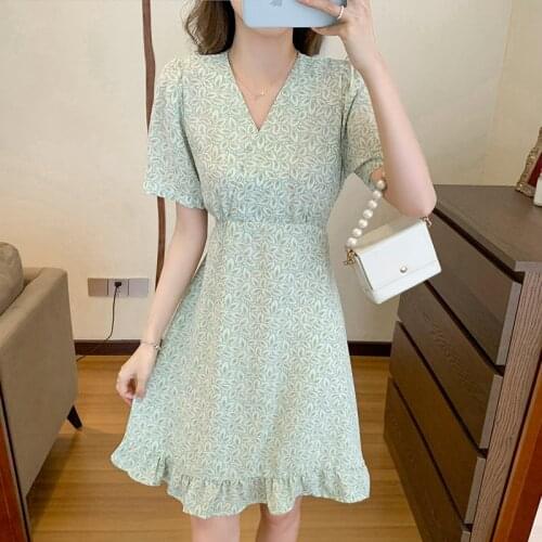 Green Floral Dress For Women Elegant V-neck Short Sleeve High Waist Wrap Dress Fashion Rufffle Chiffon Summer Dresses