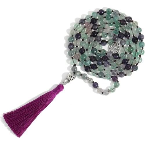 108Mala8mm Natural Color Fluorite Handmade Knotted Party Meditation Prayer Tree of Life Lucky Beads Pendant Tassel Long Necklace