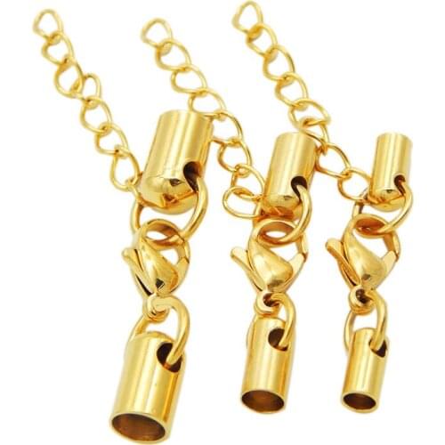 5pcs/lot Hole 1-6mm Stainless Steel Round Leather Cord Ends Cap With Lobster Clasp Buckle and Extender Diy Jewelry Connectors B