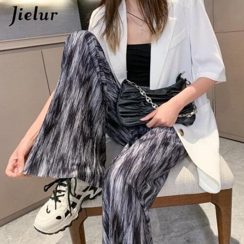 Jielur Pants Women All-match Chic Trendy Pleated Summer Soft High Waisted Ladies Trousers Vintage Print Leisure Womens Pant
