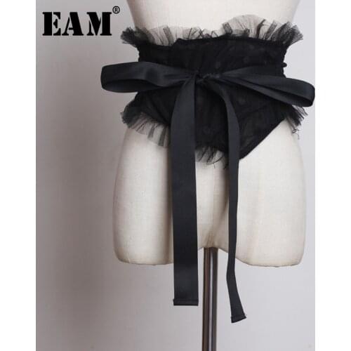 [EAM] 2021 New Spring Summer Black Ruffles Split Joint Mesh Personality Bow Wide Belt Women Fashion Tide All-match JS760