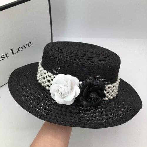French aristocratic hat black linen woven hat summer womens sun hat breathable together uv elegant pearl flowers