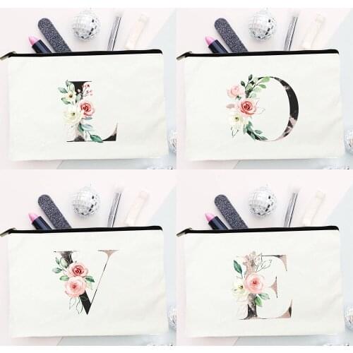 Fashion Flower Letter A-Z Canvas Cosmetic Bags Harajuku Casual Makeup Pouch Reusable Lipstick Bag Women Zipper Travel White Tote