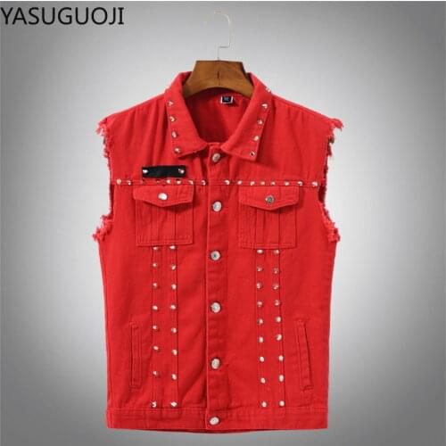 YASUGUOJI Punk Rock Fashion Red Rivet Denim Vests Men Hip Pop Streetwear Slim Fit Cowboy Male Casual Sleeveless Jeans Jackets