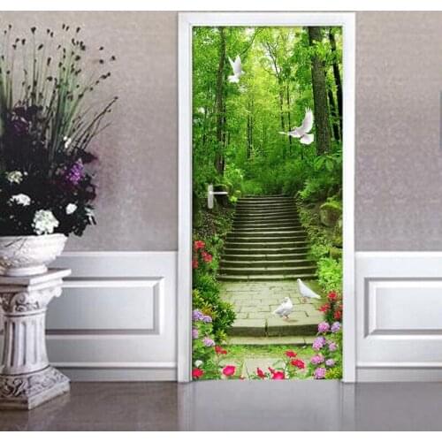 Green Forest Stairs Door Sticker 3D Nature Landscape Wallpaper Living Room Kitchen Waterproof Home Door Decals 3 d Wall Stickers
