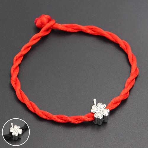 Four-leaf Clover Love Heart Beads 4mm Red Thread String Bracelet Lucky Red Handmade Rope Charm Bracelet for Women Men Jewelry