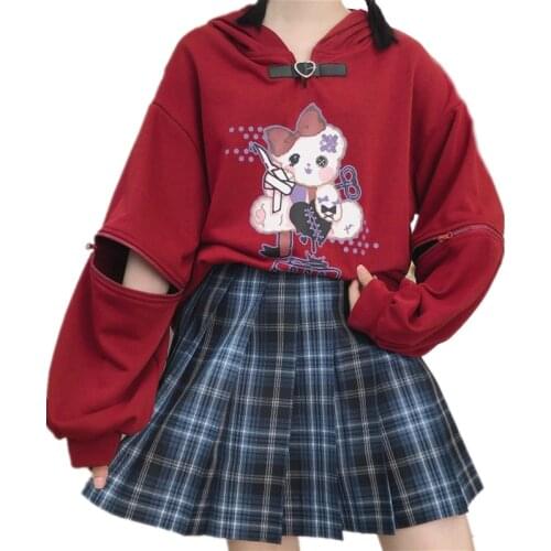 2021 Autumn Sleeves Detachable Bear Print Pullover Hooded Sweatshirt Sweet Women Kawaii Buckle Neck Hoody Teenager Girl Outwear