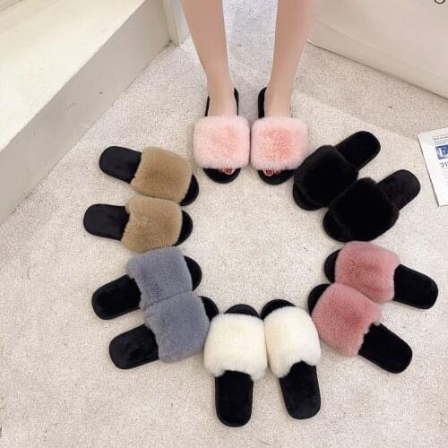 Faux Fur Home Slippers Fluffy Women Slides Comfort Furry Flat Sandals Indoor Flip Flops Female Cute Slippers Shoes For Woman