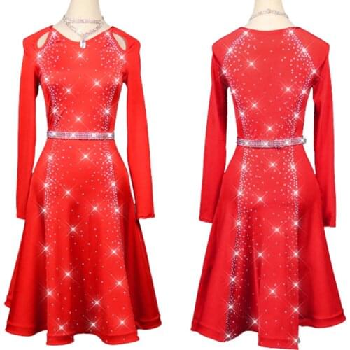 Rhinestone Dress For Latin Dancing Clothes Women Fringe Crystal Belt Club Tango Ballroom Dancewear Competition Red Dress 3659