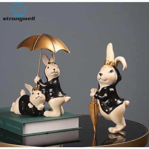 Strongwell Modern Rabbit Model With Umbrella Home Decoration Resin Figurine Living Room Bedside Decoration Ornament Gir Gifts