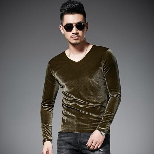 V Shape Solid Velvet Long Sleeve Spring Autumn Tshirt Homme 3 Color Velour Luxury T Shirt Men 5xl
