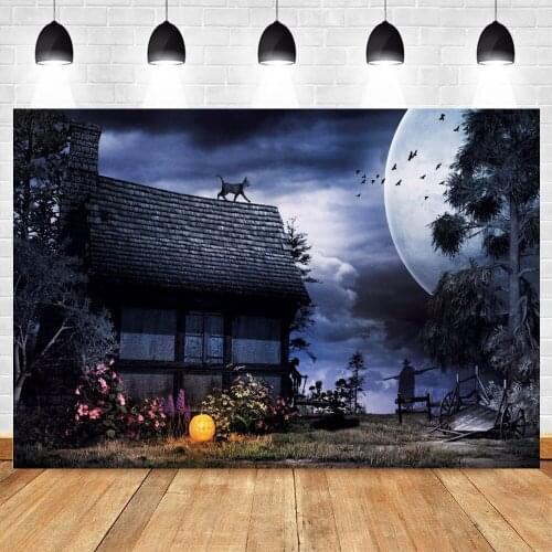 Yeele Halloween Background Dark Cloud Night Bat Cat Pumpkin Lantern Wooden House Backdrop Photography Photo Studio Photophone