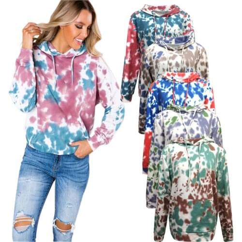 Womens plus Size Loose Tie Dye Top Women O Neck Sweatshirt Long sleeved Autumn Hooded Plus Size Coat Streetwear Hoodie