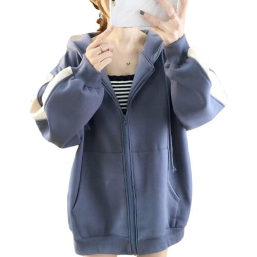 2020 Autumn And Winter New Loose Plus Velvet Thickening Ladies Hoodie Solid Color Stitching Mid-length Zipper Women Sweatshirt