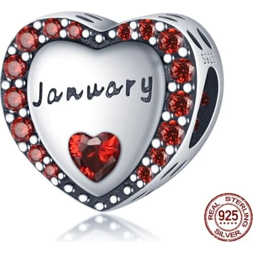 Genuine 925 Sterling Silver Orange-Red January Heart-Shaped Beads Fit Original 3mm Bracelet&Bangle Women Fashion Jewelry Gift