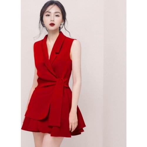 2020 Summer Office Womens Sleeveless Skirt Suit Sexy V-Neck Bandage Lace-up Blazer Suit Jacket Mini Skirt Solid Two-piece Set